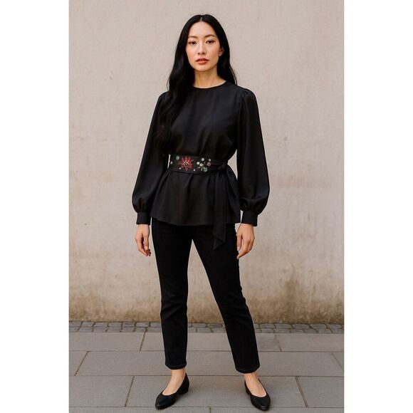 ODDY EMBROIDERED WAIST TIE CUPRO BLEND BLACK WOMEN LONG SLEEVE BLOUSE XL - Picture 1 of 8